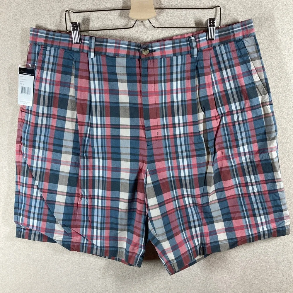 NWT Greg Norman Plaid Golf Shorts 42 Blue Grey Pink Cotton Classic Casual Preppy